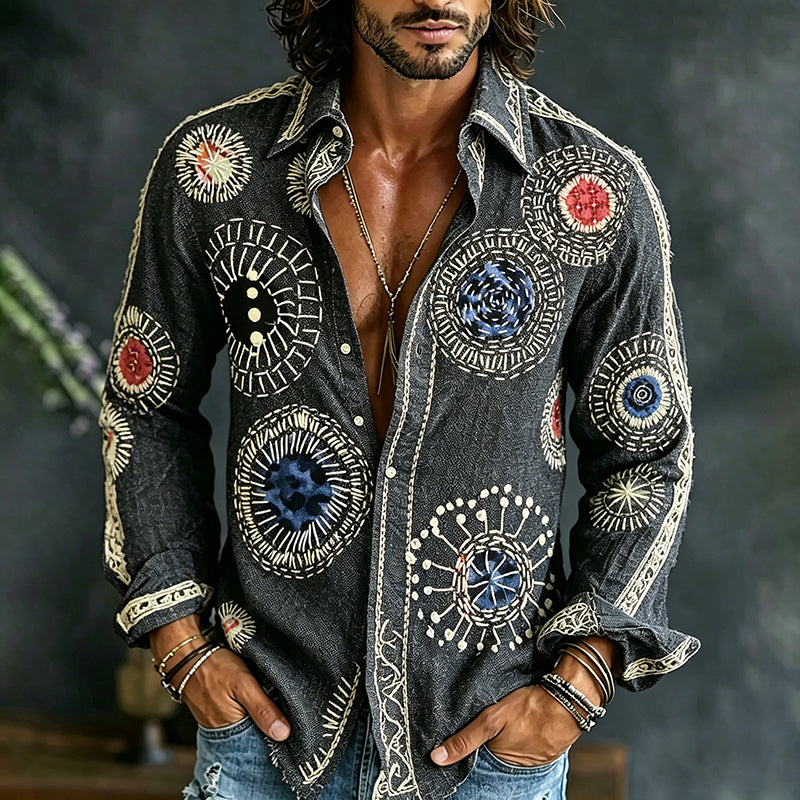 Men's Casual Texture Embroidered Art Print Flowy Linen Blend Shirt