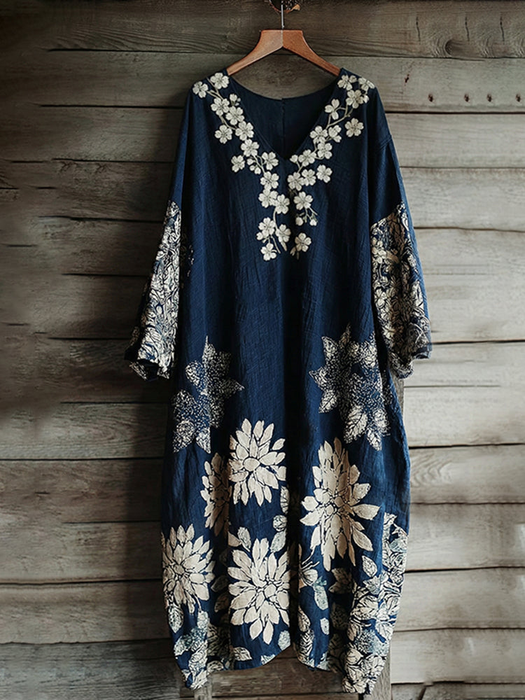 Vintage Japanese Traditional Sashiko With Floral Art Pattern Linen Blend Maxi Dress