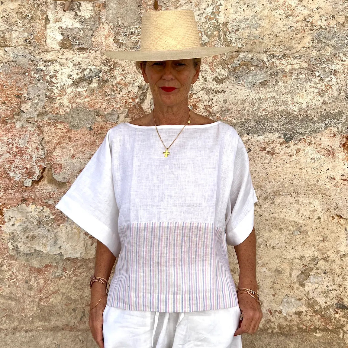 Jill Top New - French Bateau Neck Color-Blocked Striped Linen Blouse | Dadihouse