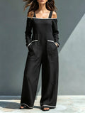 Women's Minimalist Casual Off-Shoulder Long-Sleeve Jumpsuit With White Trim MDZ3037F1WY