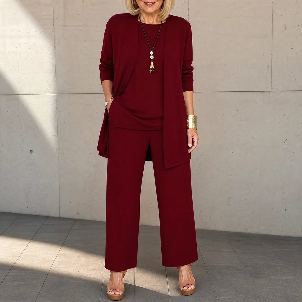 Maevelle – Women's Elegant 3-Piece Set with Drape Cardigan
