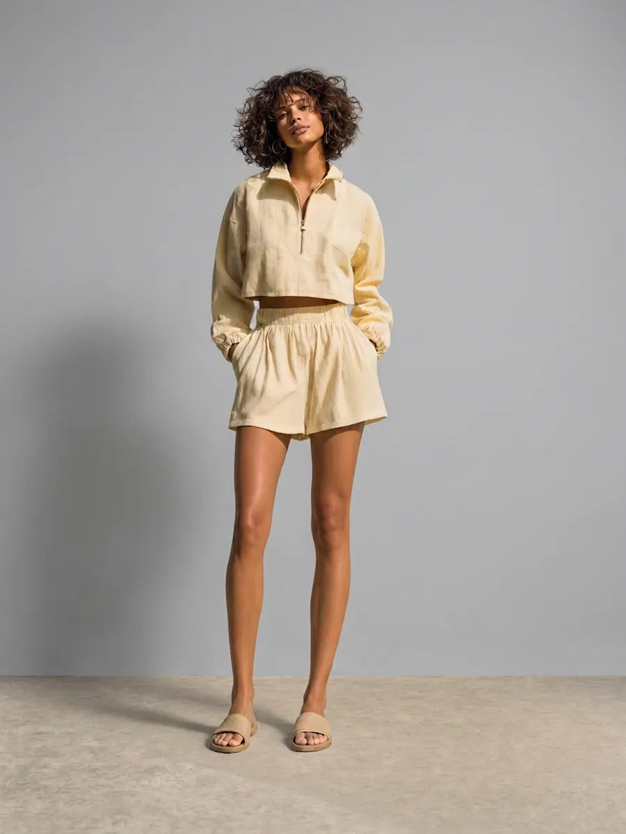 Women's Casual Light Yellow Corduroy Half-Zip Collared Long-Sleeve Cropped Jacket & Elastic-Waist Shorts Set MDZ2055G0CMX
