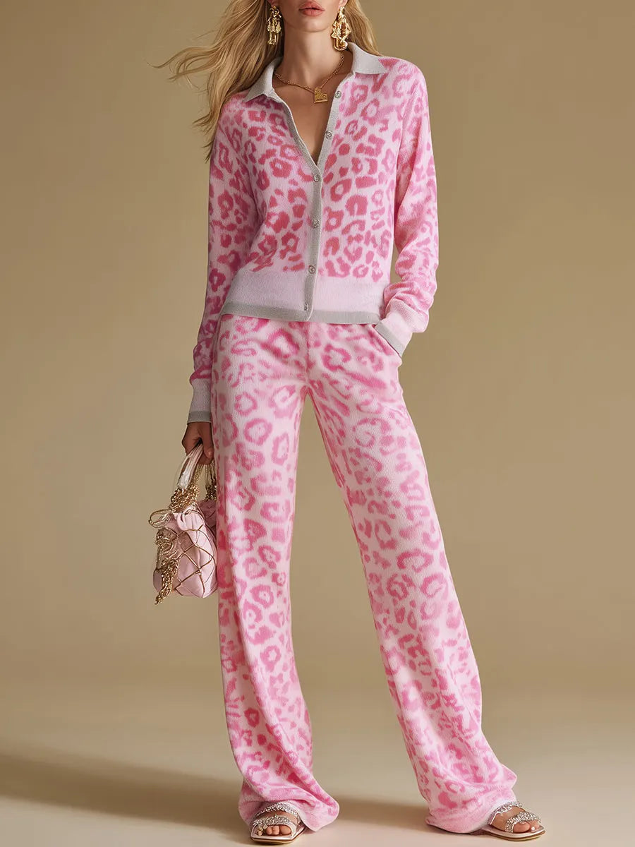 Elegant And Retro Color-blocked Leopard Print Knitted Top And Pants Set.