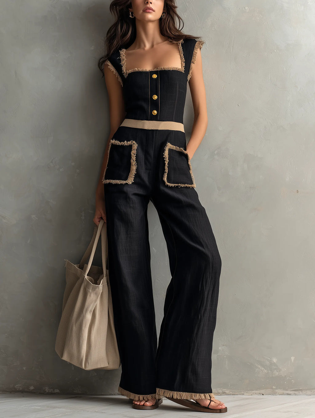 Women's Casual Black Cotton-Linen Sleeveless Jumpsuit With Wide Straps MDZ0676G8LXY