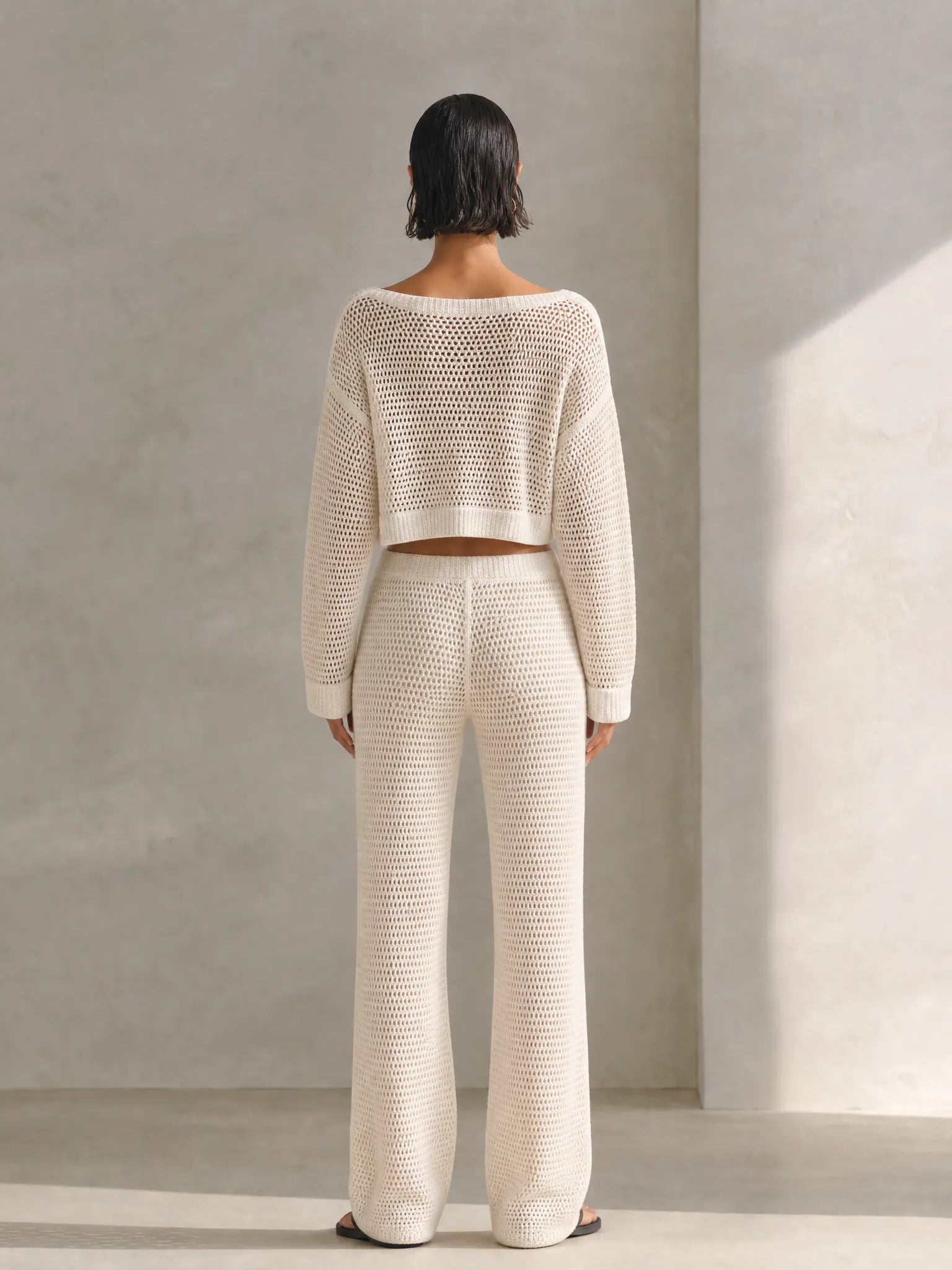 Women's Coastal Ivory Open-Knit Crochet Boat Neck Long Sleeve Cropped Sweater And Wide-Leg Pants Two-Piece Set MDZ1626G8ZSQ