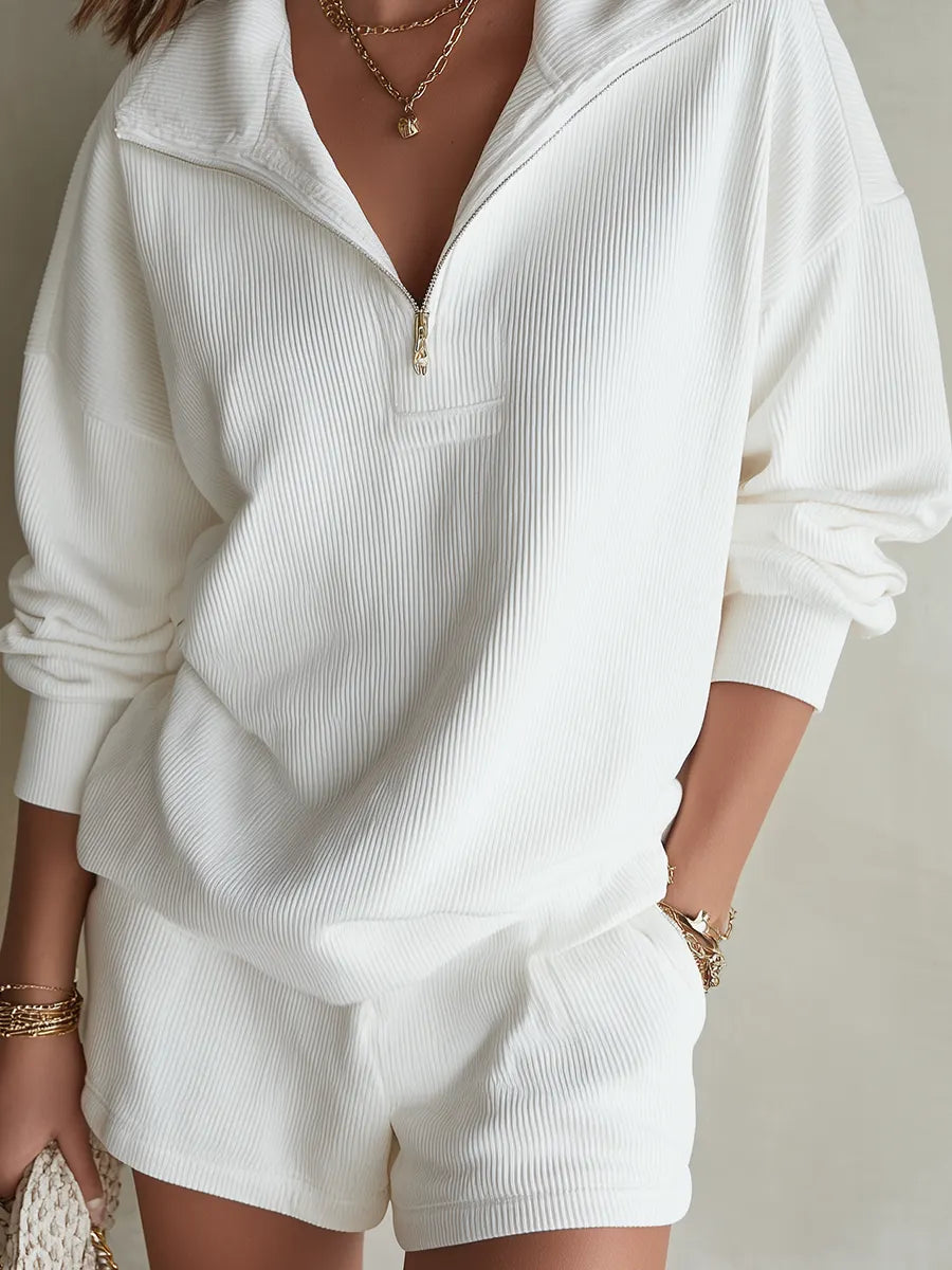 Minimal White Ribbed Zip Neck Set