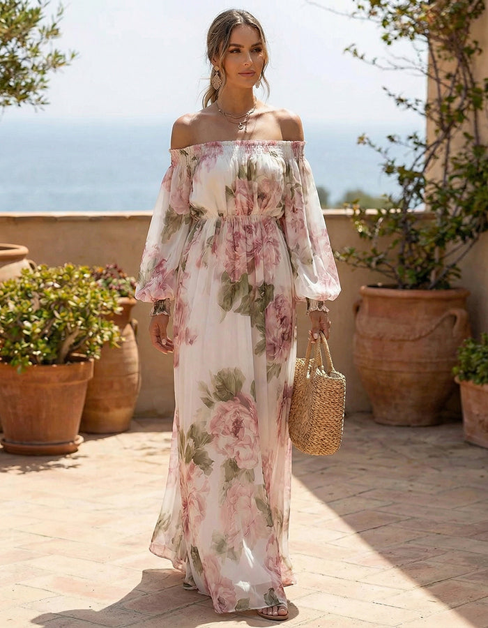 White Chiffon With Pink Rose Print Off Shoulder Design Maxi Dress