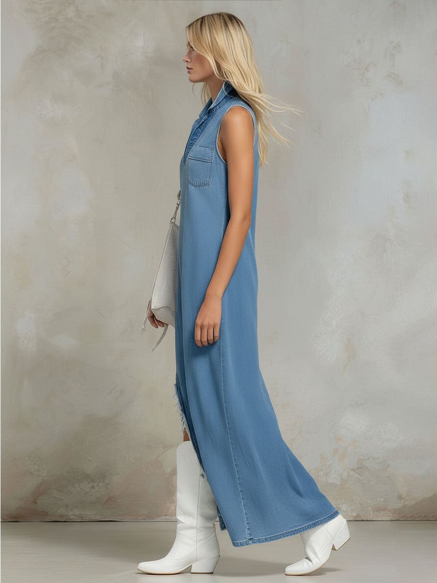 V-neck Side-slit Sleeveless Denim Maxi Dress
