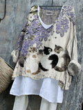 Cats under Floral Tree Japanese Art Flowy Tunic