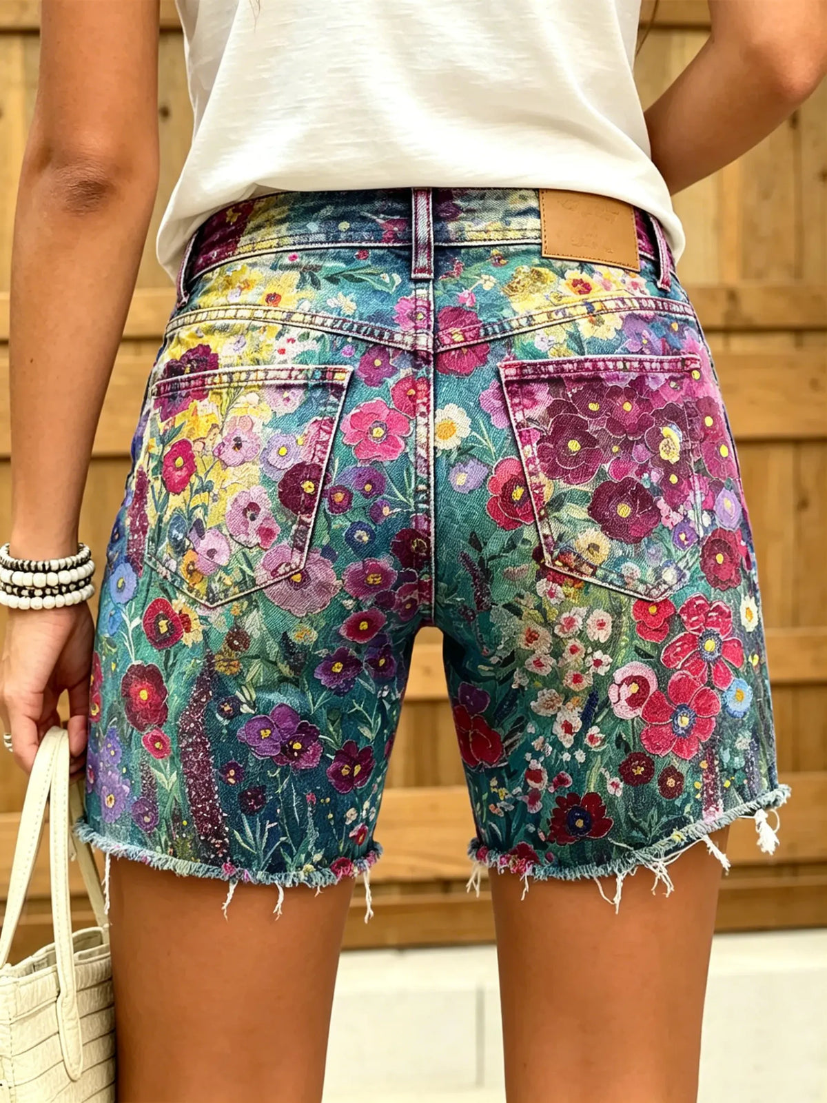 Women's Multicolor Boho Floral Print Frayed Hem Denim Shorts