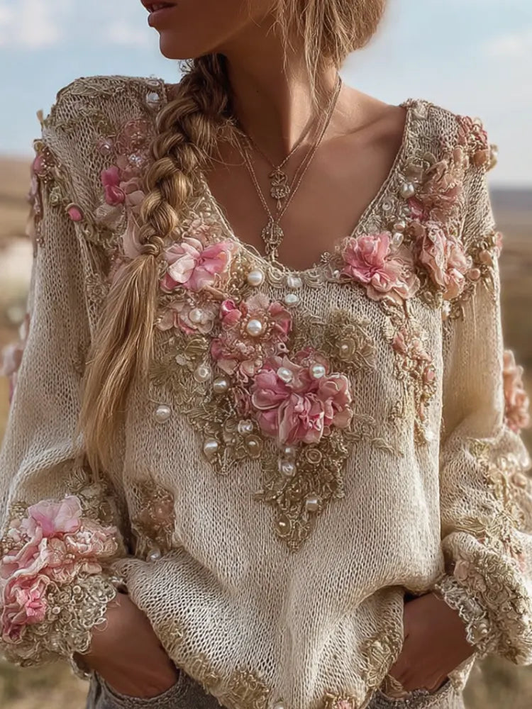 Bohemian Style Round Neck Long Sleeve 3d Floral Design Women's Sweater