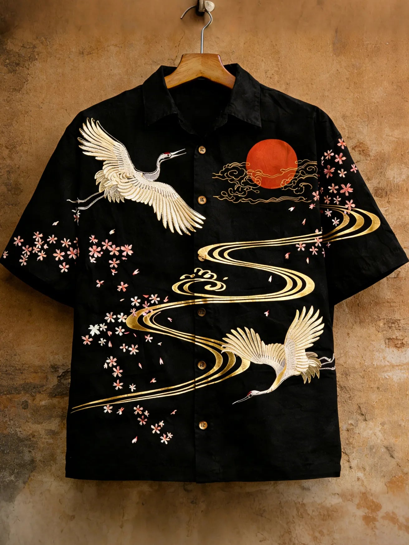 Men's Japanese-style Cherry Blossoms And Cranes Art Linen Short-sleeved Shirt