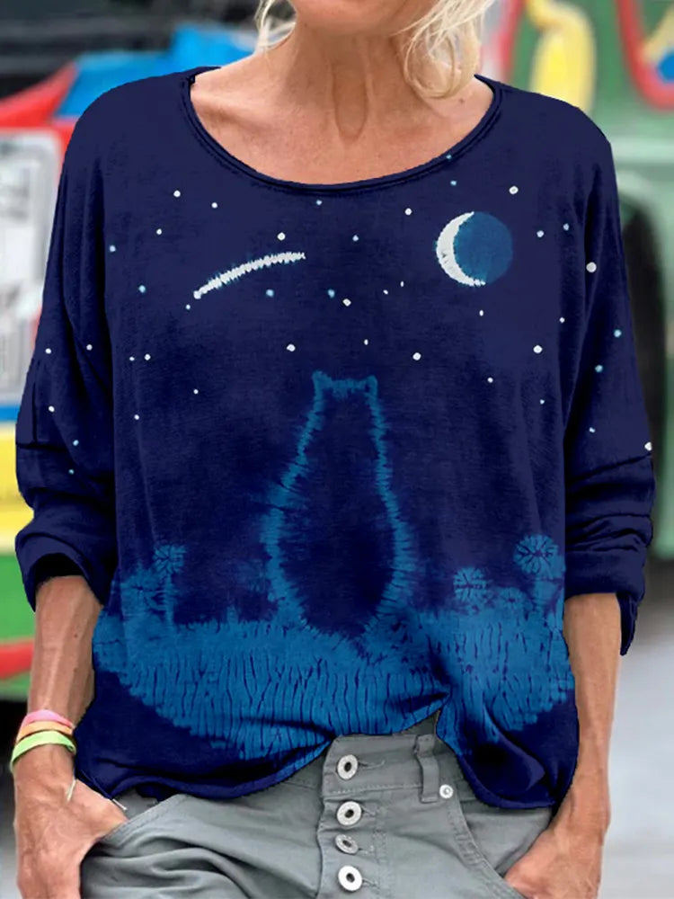 Lovely Cat Indigo Shibori Art Washed Cozy T Shirt