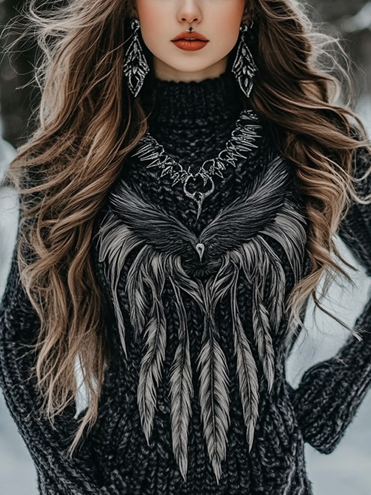 Women's Viking Style Wings Knitted High Neck Cozy Sweater