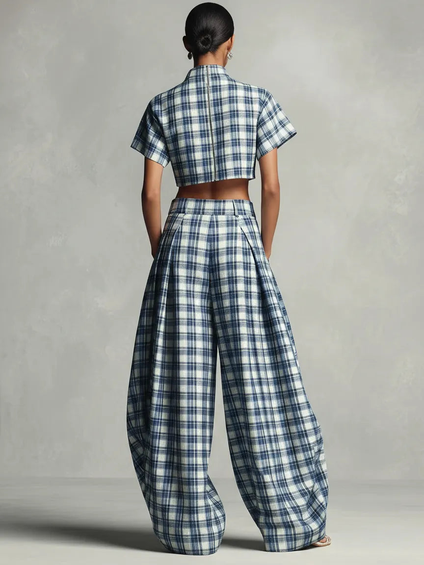 Women's Bold Cotton Blue & White Plaid Turtleneck Cropped Top & Lantern Wide-Leg Pants Set MDA2591L3AU
