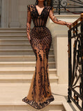 Evening Long Sleeves Wrap Embroidered See-Through Lace V-Neck Maxi Dresses