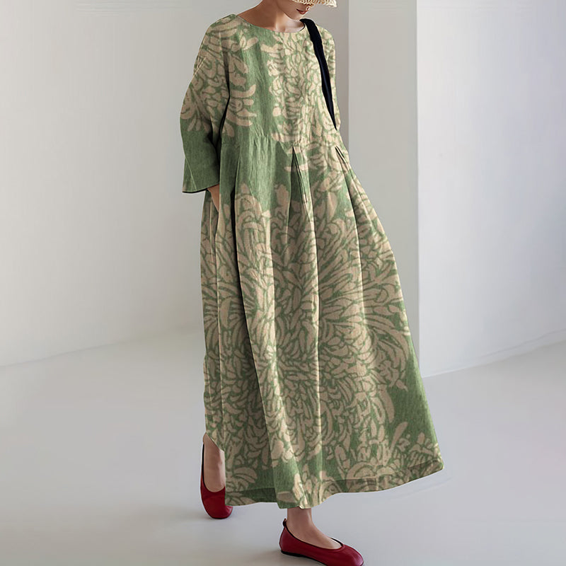 Japanese Art Chrysanthemum Print Loose Midi Dress