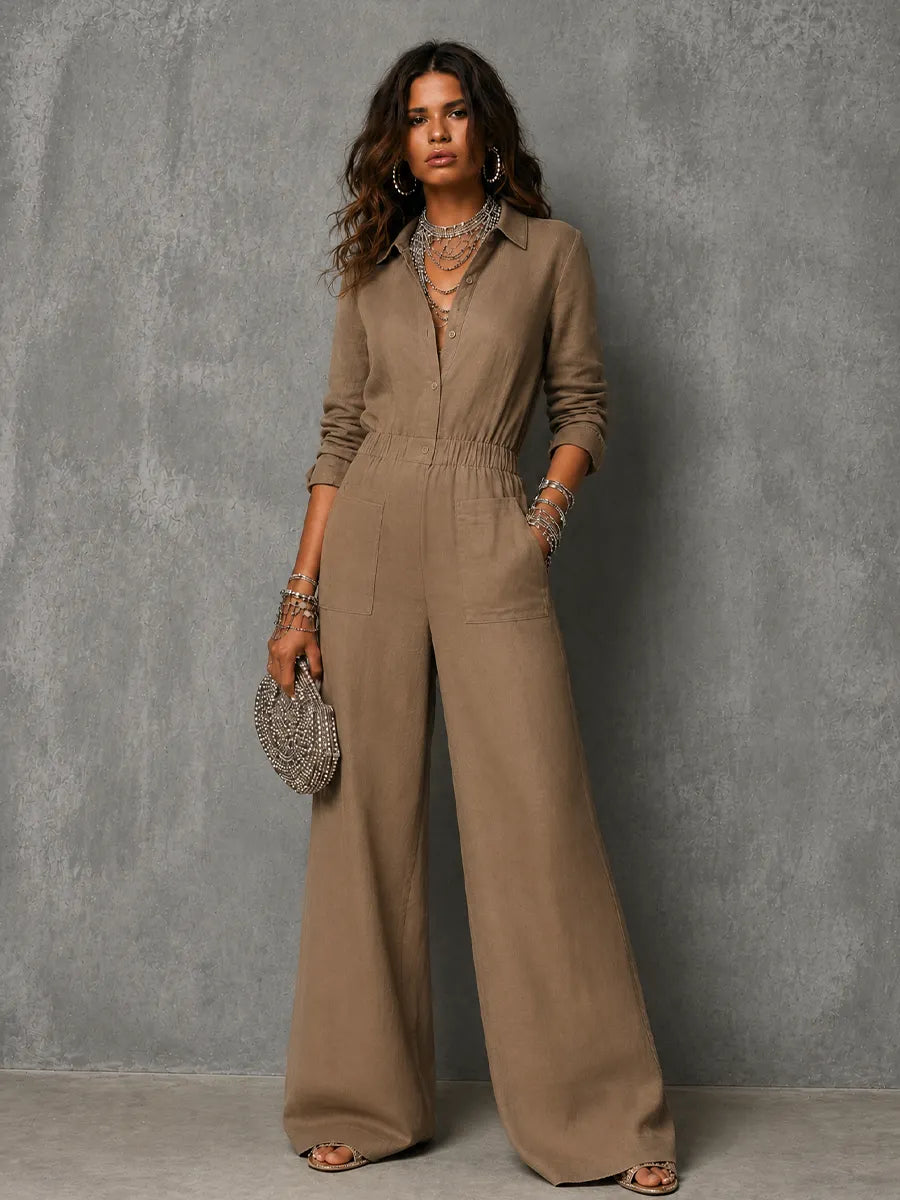 Women's Retro Casual Brown Cotton Linen Lapel Elastic Waist Patch Pocket Wide-Leg Jumpsuit MDZ1365G0GMJ