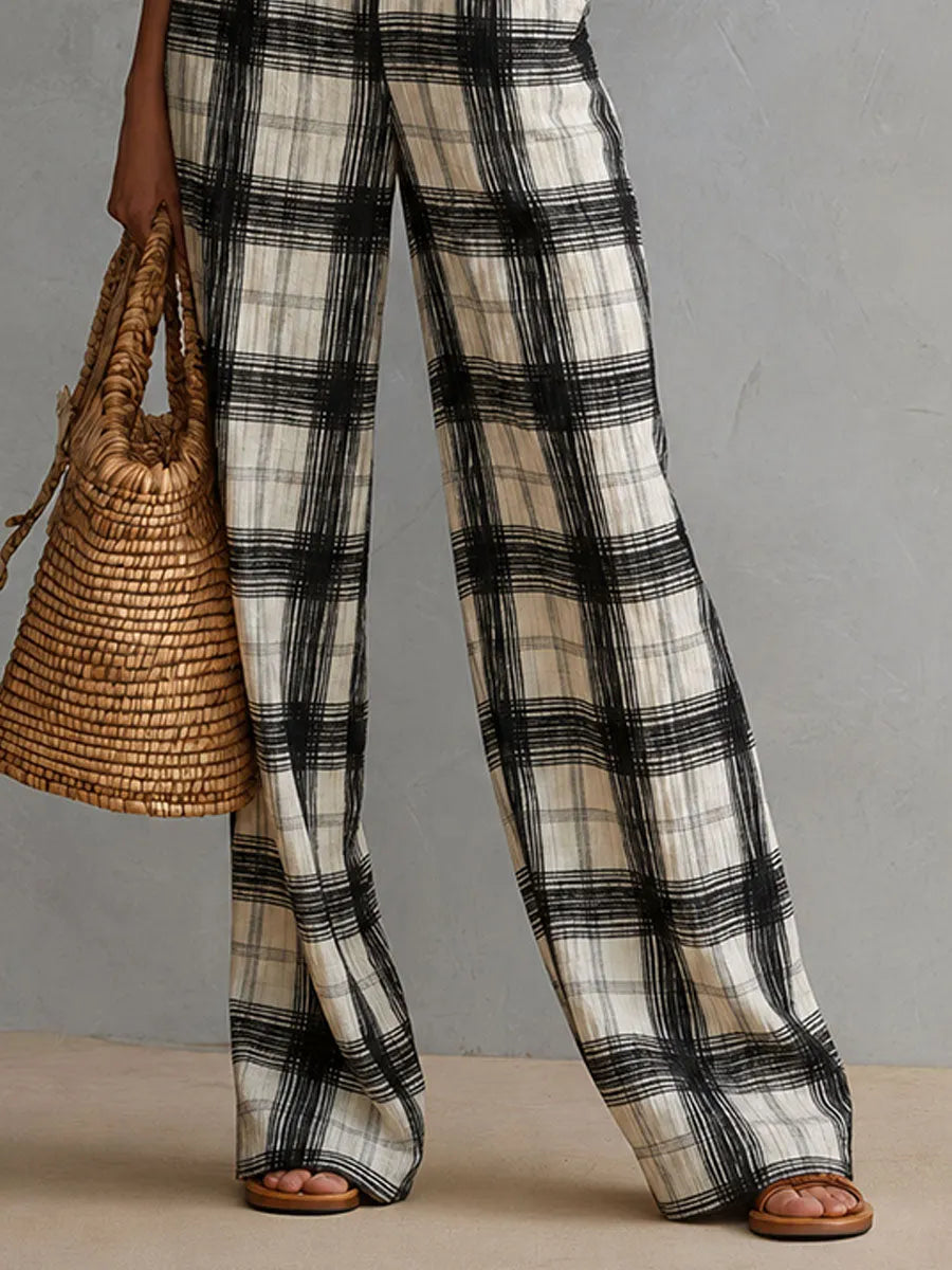 Boho Black And Ivory Plaid Pleated Linen Halter Wide-Leg Jumpsuit