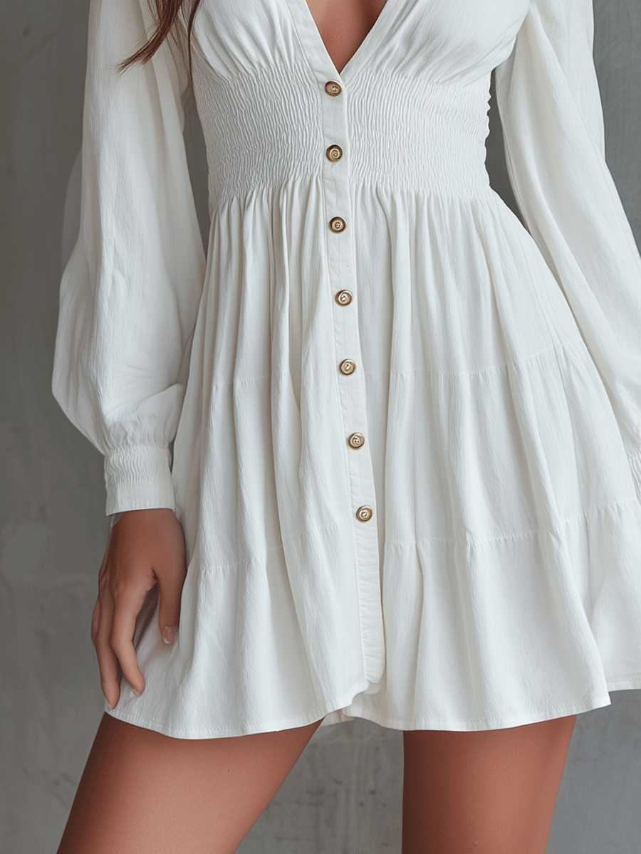 Elegance V-Neck Effortless White Button-Front Midi Dress