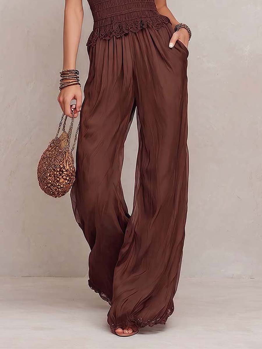 Chocolate Brown Lace & Crinkled Chiffon Smocked-Waist Wide-Leg Jumpsuit