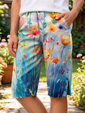 Ethnicity Watercolor Flowers Women's Art Print Casual Cotton Denim Pants