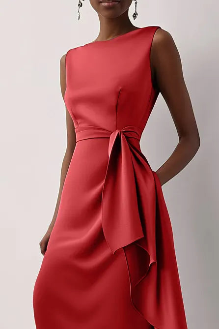 Fall Wedding Guest Dress Purple Sleeveless Draped Waist Midi Dress