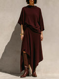 Women's Burgundy Soft Knit Two Piece Matching Set With Draped Cowl Batwing Sleeve Top & Asymmetrical Hem Midi Skirt, Minimalist Lagenlook Elegant Co-Ord Outfit MDZ2050G1LYL
