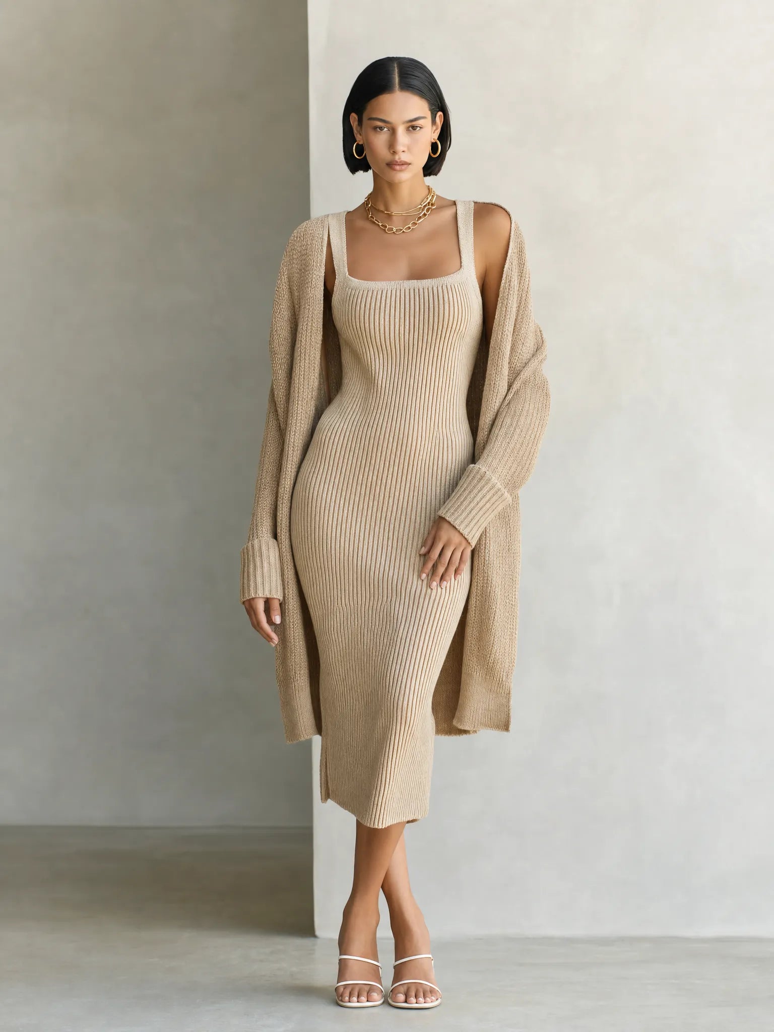 Women's Elegant Oatmeal Beige Ribbed Knit Square Neck Sleeveless Midi Dress And Longline Cardigan Two-Piece SetMDZ2136G1ZSQ