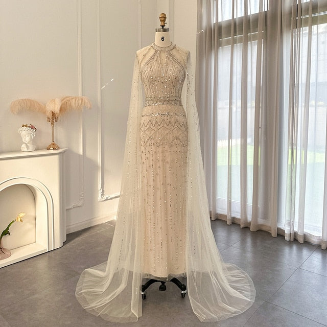 DreamyVow  Luxury Dubai Mermaid Pink Evening Dresses with Cape Sleeves 2023 Arabic Women Wedding Guest Formal Party Gowns 361