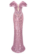 Ruffle Bardot Crystal Sequin Maxi Dress Pink