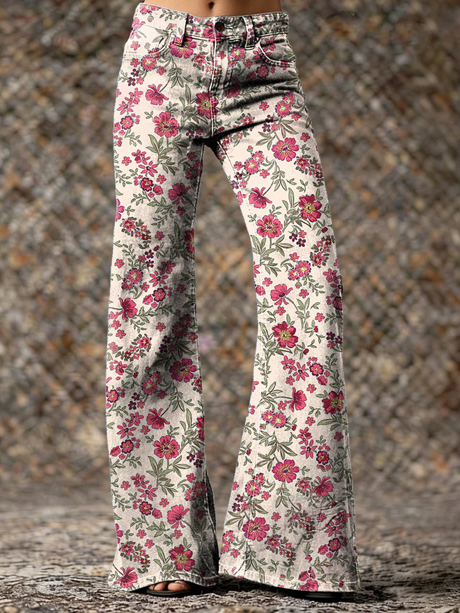 Women's Retro Floral Art Print Casual Washed Pants
