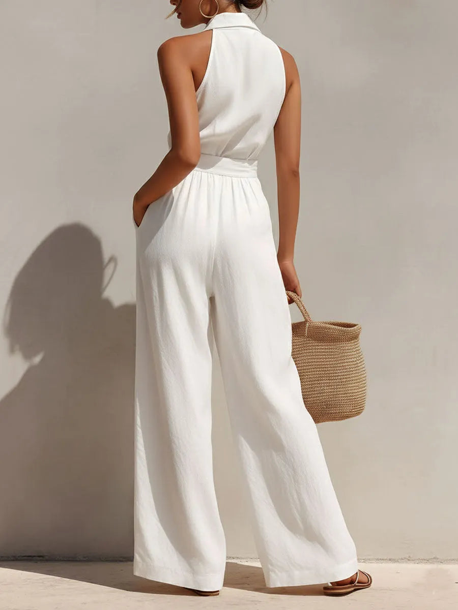 Boho Chic White Button-Front Wide-Leg Jumpsuit