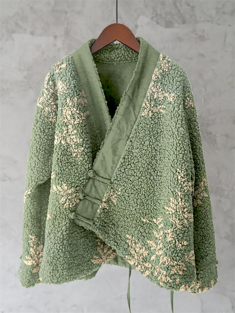 Japanese Art Flower Print Plush Cardigan