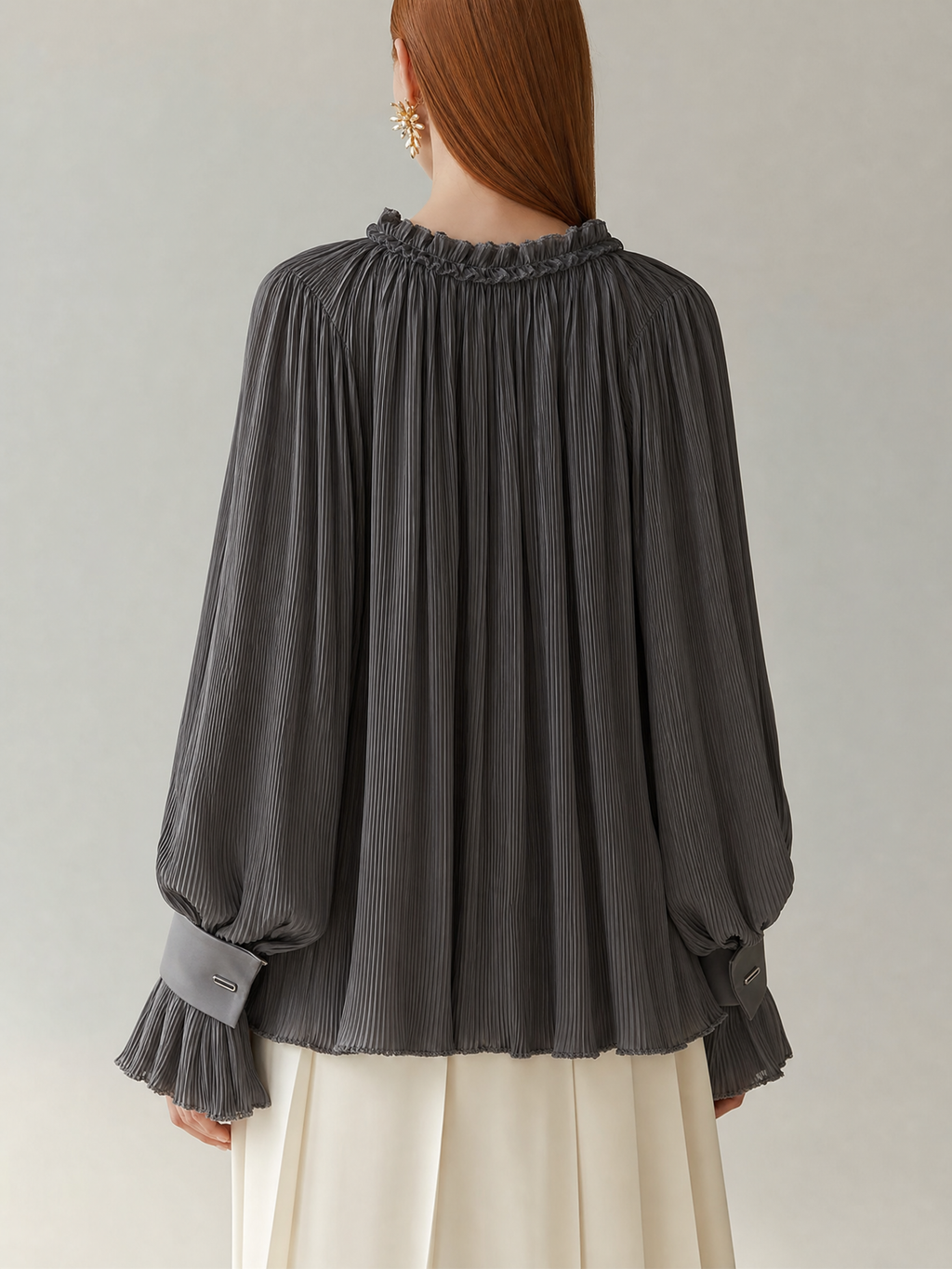 Women's Dark Grey Pleated Chiffon Blouse With Ruffled V Tie Neck & Contrast Cuff Lantern Sleeves, Elegant Loose Casual Long Sleeve Blouse MDZ1316G4LYL
