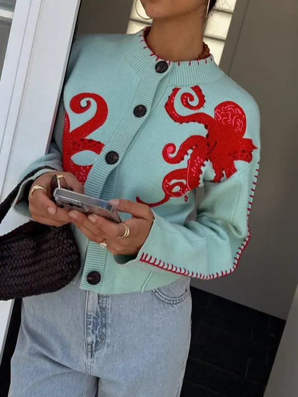Fun Octopus Pattern Knitted Cardigan