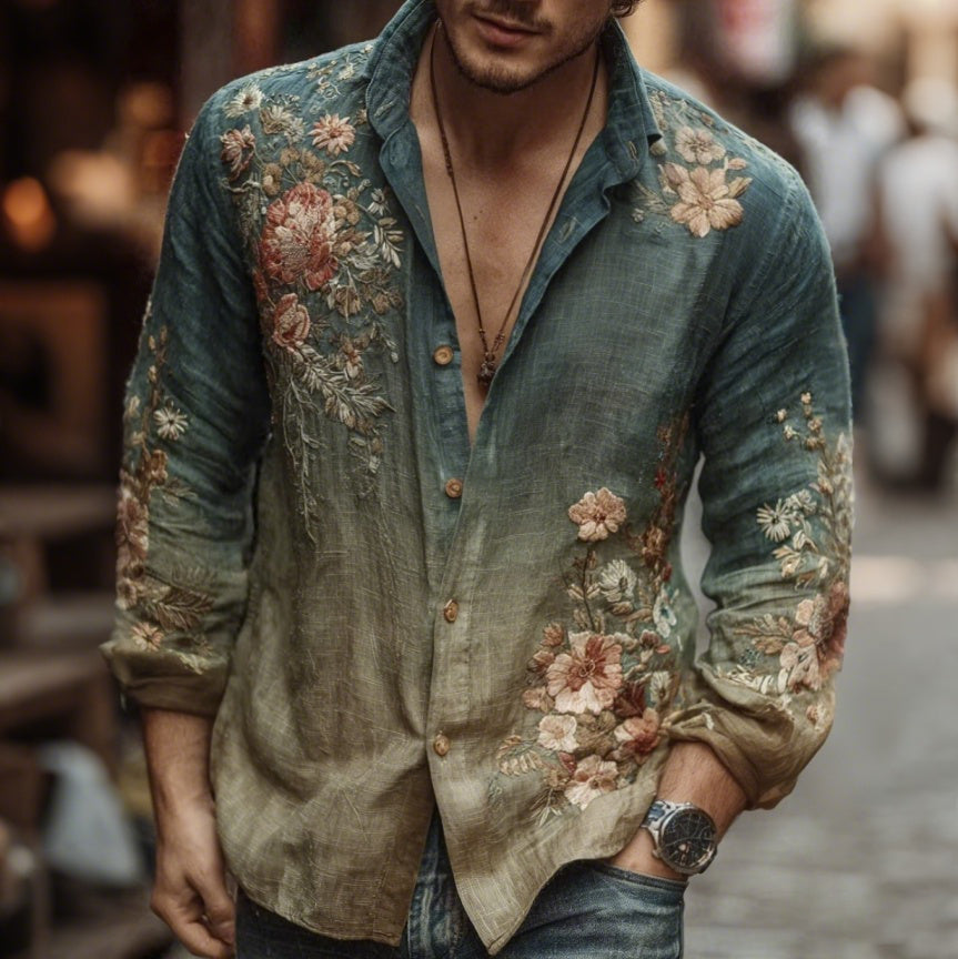 Men's Floral Art Linen Blend Shirt