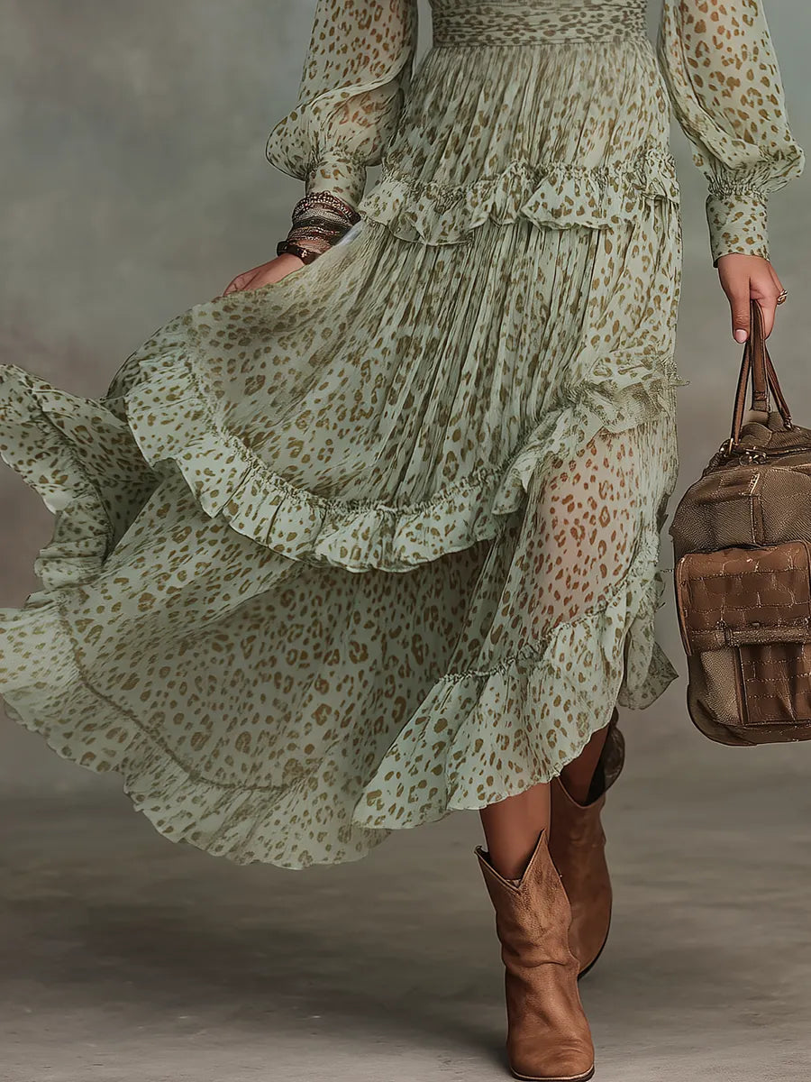 Vintage And Elegant V-neck Ruffled Leopard Print Chiffon Midi Dress