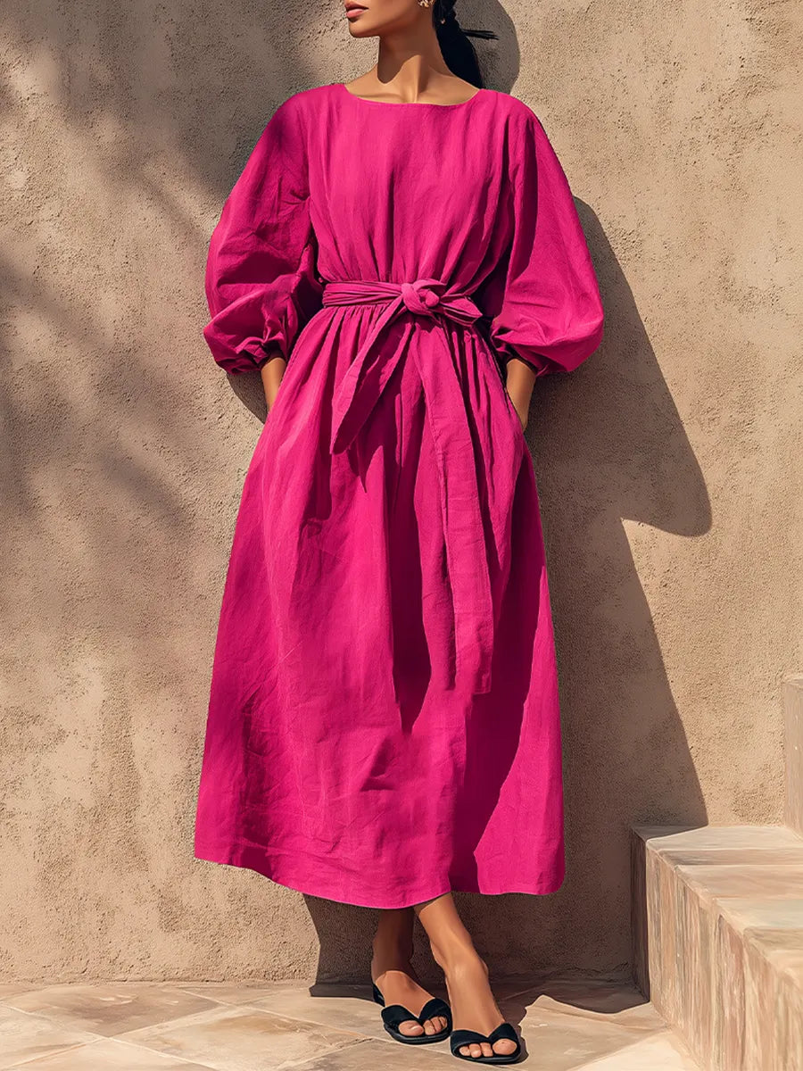 Women's Fuchsia Textured Cotton-Blend Maxi Gown With Cuffed Lantern Sleeves & Side Hand Pockets, Minimalist Effortless-Chic Summer Maxi Dress MDZ0641G7LYL