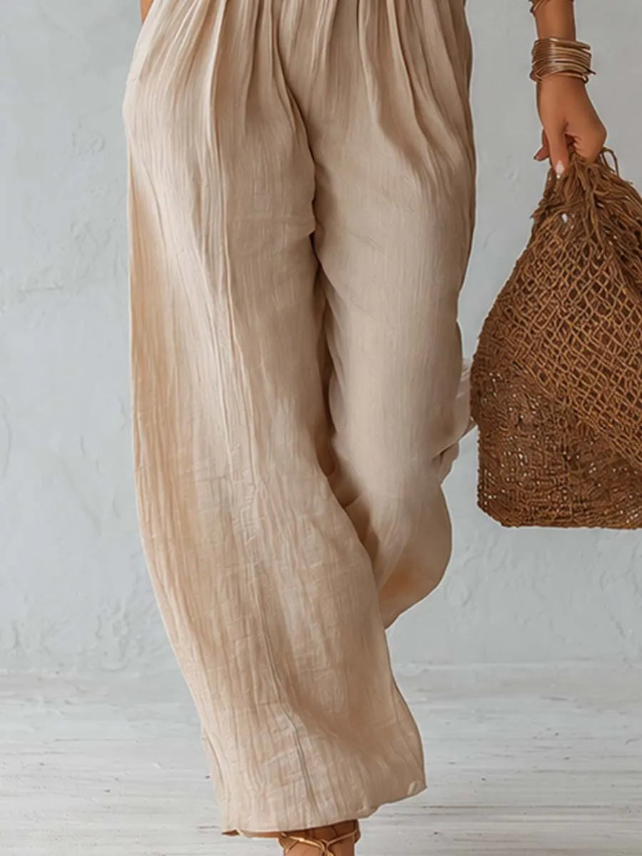 Vintage Halter-neck Cotton-linen Jumpsuit With Lace Trim
