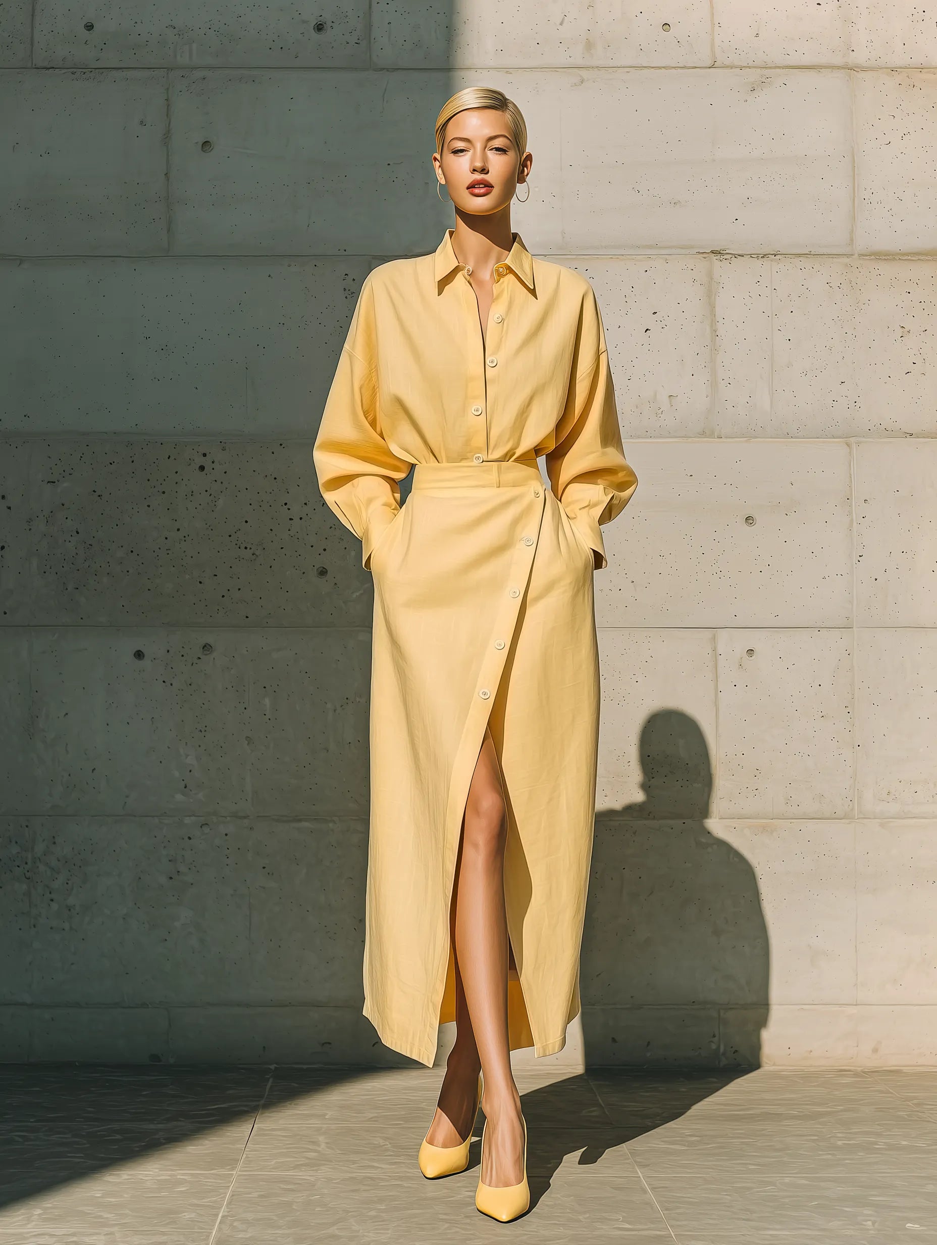 Women's Pale Yellow Cotton-linen Blend Collared Oversized Button Down Shirt Wrap Asymmetric Button Split Midi Skirt Two Piece Set MDZ1723G2YZJ