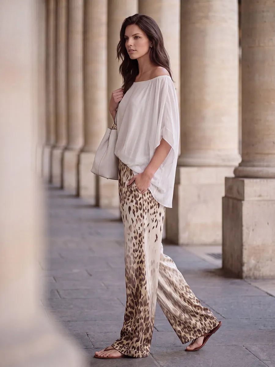 Loose Wide Leg Elasticity Gradient Leopard Pockets Trousers Wide Leg Pants