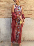 Elegant Printed Round Neck Tank Dress with Cape Two-Piece Set
