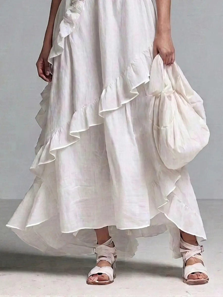 Women’s Boho White Linen Short Sleeve Ruffle Trim V-Neck Loose Flowly High Low Hem Maxi Dress MDZ0229G9T