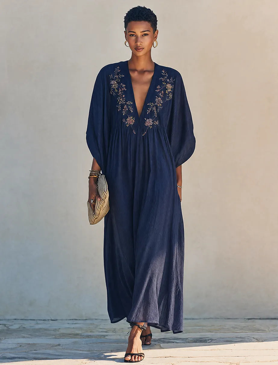 Women's Minimalist Cotton-Linen Maxi Dress With Floral Embroidery, Deep V-Neck, And Batwing Sleeves MDZ0895G0ZRK
