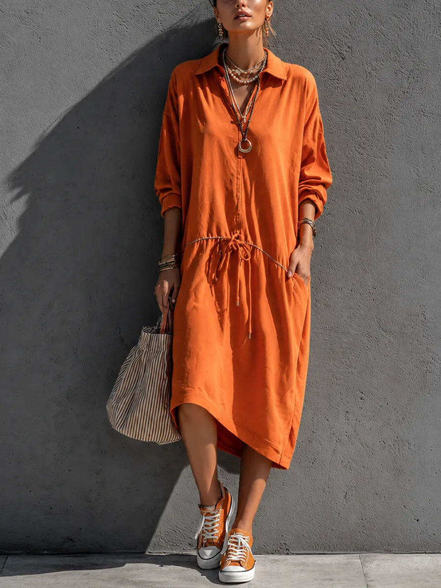 Women's Vacation Casual Orange Cotton Blend Lapel Drawstring Waist Irregular Midi Dress MDZ1019G8GMJ