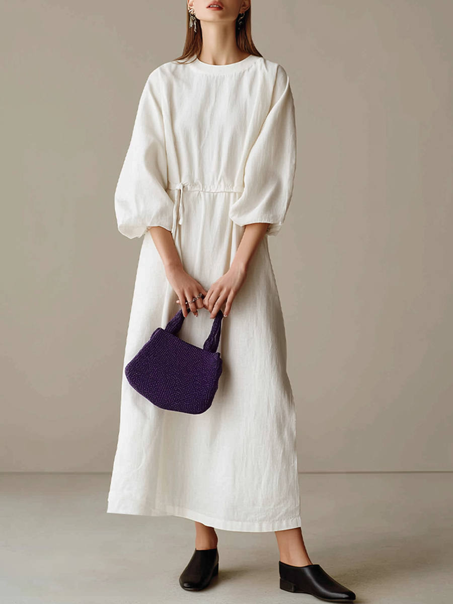 Women's Cream Textured Cotton-Blend Maxi Gown With Drop Shoulder Lantern Sleeves & Self Tie Waist Detail, Modern Effortless-Chic Everyday Maxi Dress MDZ0685G0LYL