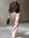 Women's Brown Pink Linen Blend Two Piece Suit Collar Crop Blazer & Sheer Wide Leg Pants, Chic Neutral Smart Casual Matching Outfit MDZ1574G4LYL