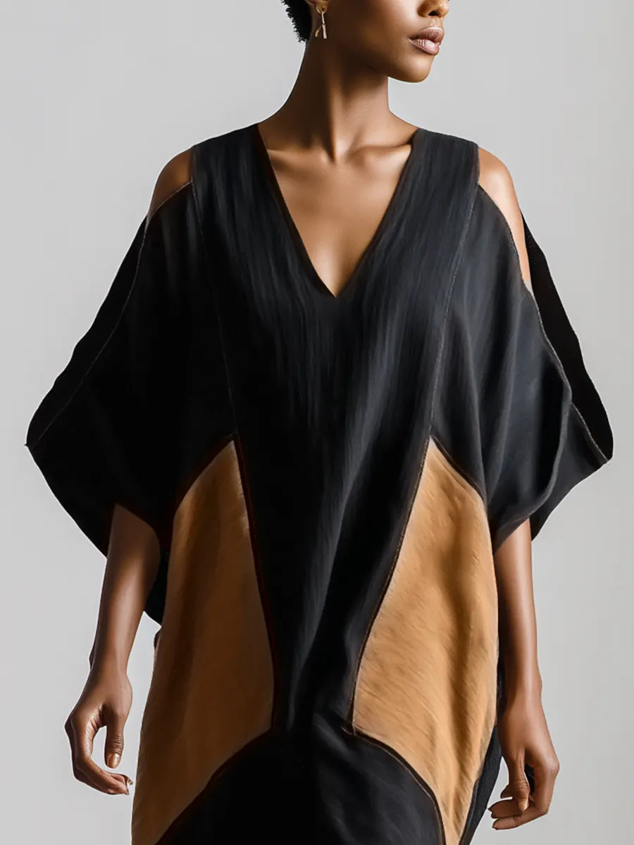 Women’s Black & Brown Cotton-linen Blend Geometric Color Block Cold Shoulder V Neck Batwing Sleeve Midi Dress MDZ0710G5YZJ