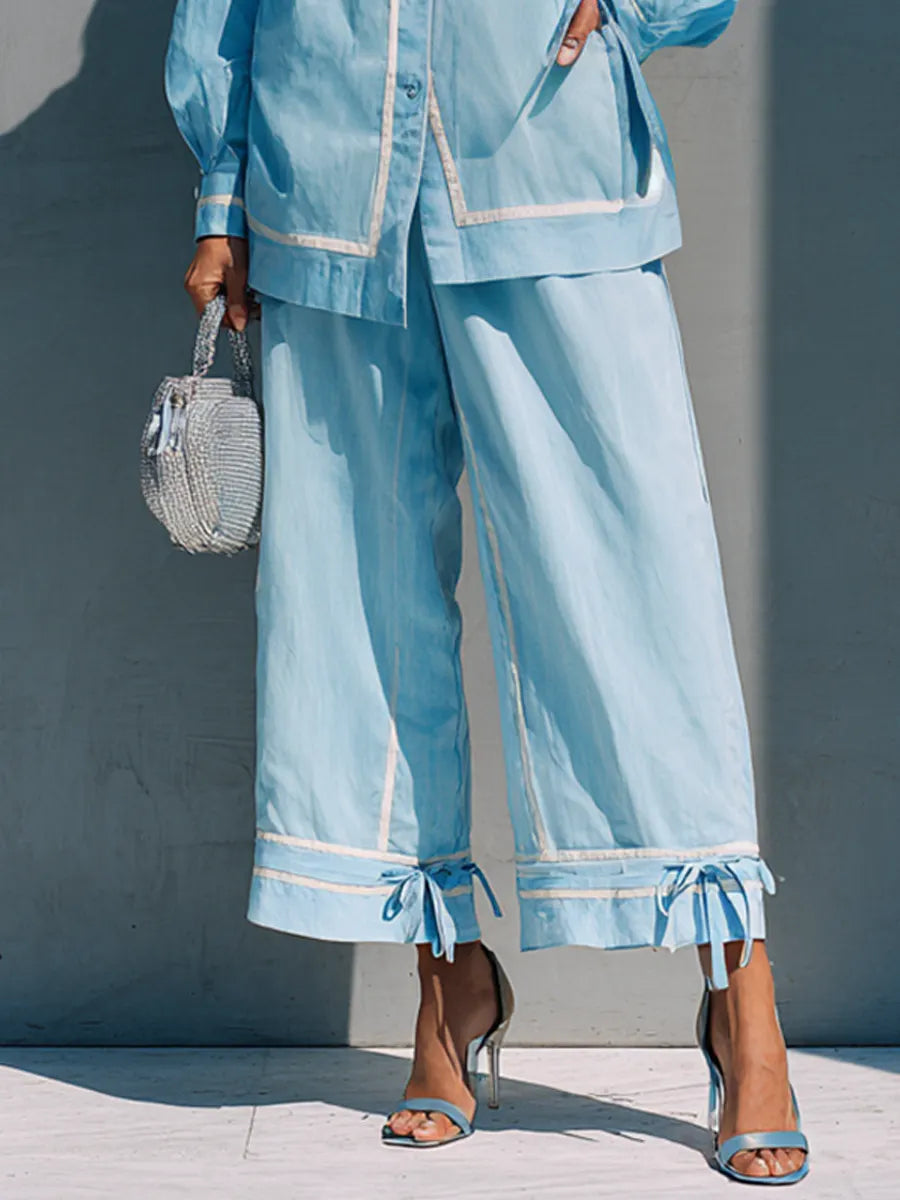 Women's Casual Vacation Light Blue Cotton Blend Contrast Binding Strap Cropped Wide Leg Pants Two Piece Set MDZ0928G6GMJ